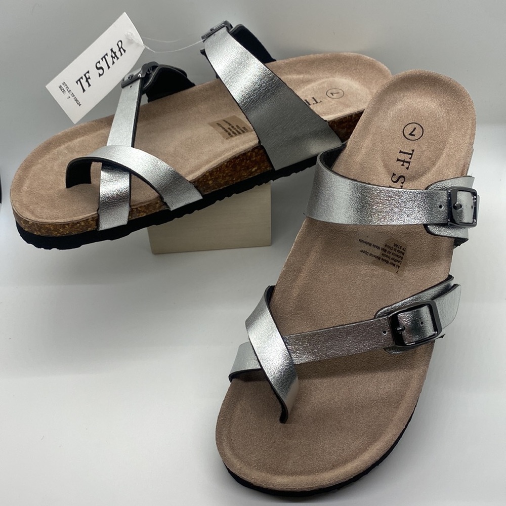 NEW Birkenstock Style TF Star Woman’s Sandals, Shiny Silver w/ Gunmetal Buckles